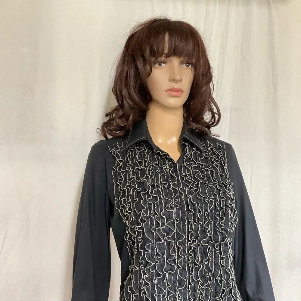 Max Studio Black Ruffle Front Long Sleeve Renaissance Collared Buttoned Shirt S - Picture 4 of 9